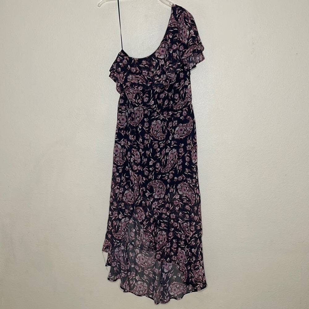 Greylin Floral One Shoulder Ruffle Elastic Waist High Low Dress Dress Medium New